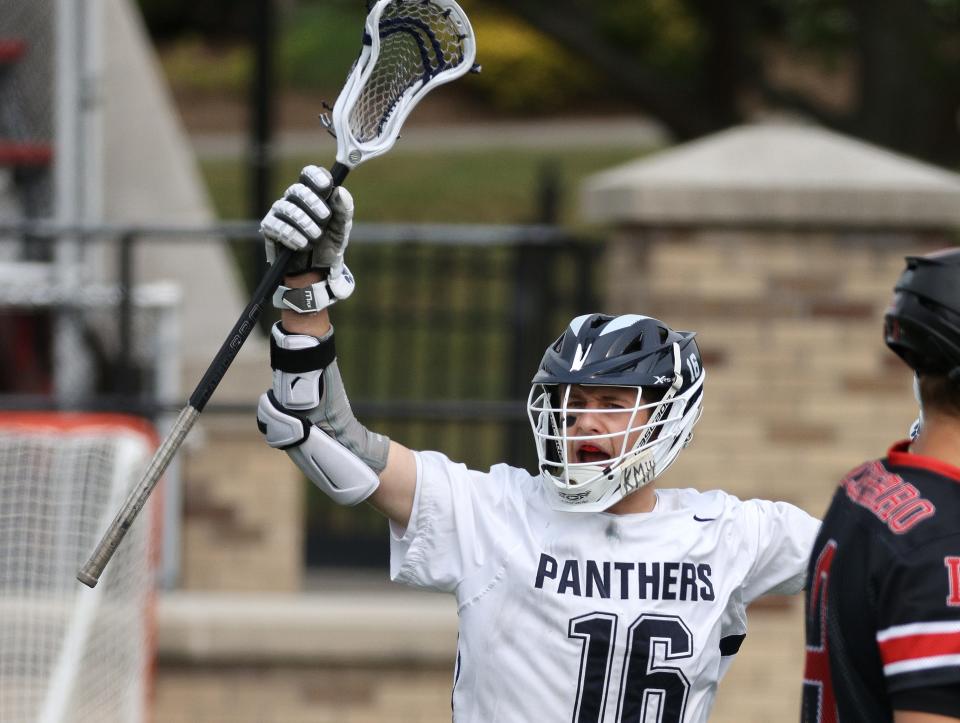 Pittsford’s Ian Erskine celebrates a goal against Lancaster. 