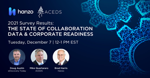 Register for the joint Hanzo and ACEDS webinar of The State of Collaboration Data & Corporate Readiness. The panelists will discuss survey findings and provide insights of what these benchmarks suggest for the future. Attendees will get access to the complete report. Register here https://hubs.la/Q010jbVy0