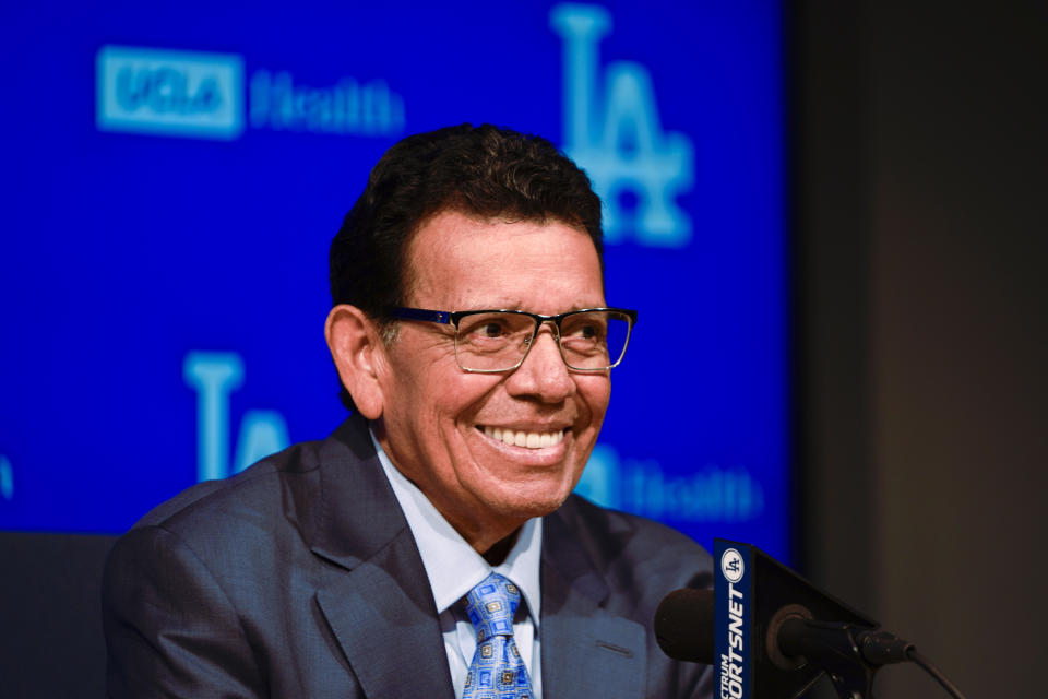 Former Los Angeles Dodgers pitcher Fernando Valenzuela speaks during a news conference ahead of his jersey retirement ceremony at the baseball game between the Dodgers and the Colorado Rockies, Friday, Aug. 11, 2023, in Los Angeles. (AP Photo/Ryan Sun)