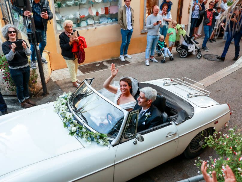 Her Royal Highness Alexandra of Luxembourg and Nicolas Bagory leave their religious wedding on 29 April in Bormes-les-Mimosas, France