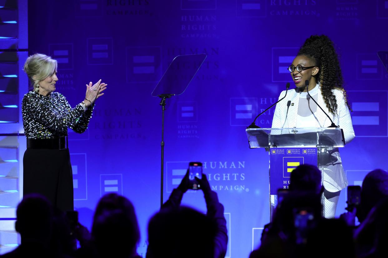 Dr Jill Biden and Kelley Robinson, President, Human Rights Campaign speak onstage (Getty Images for Human Rights Ca)