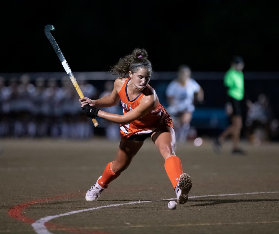 Delmar's Jordyn Hollamon (13) with a shot on goal in their 2-1 win against Cape Henlopen High School.