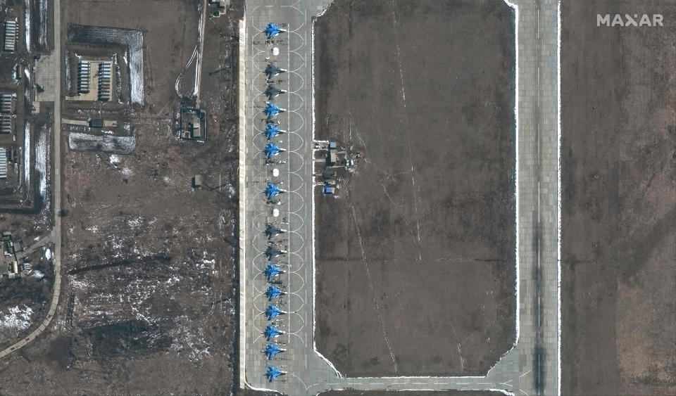 Su-34 fighter jets are seen at the Russian military's Morozovsk airbase, about 100 miles east of the Ukrainian border in southern Russia, in a satellite image provided by Maxar Technologies that it said was taken in April 2021, amid a Russian military buildup in the region. / Credit: Satellite image ©2021 Maxar Technologies