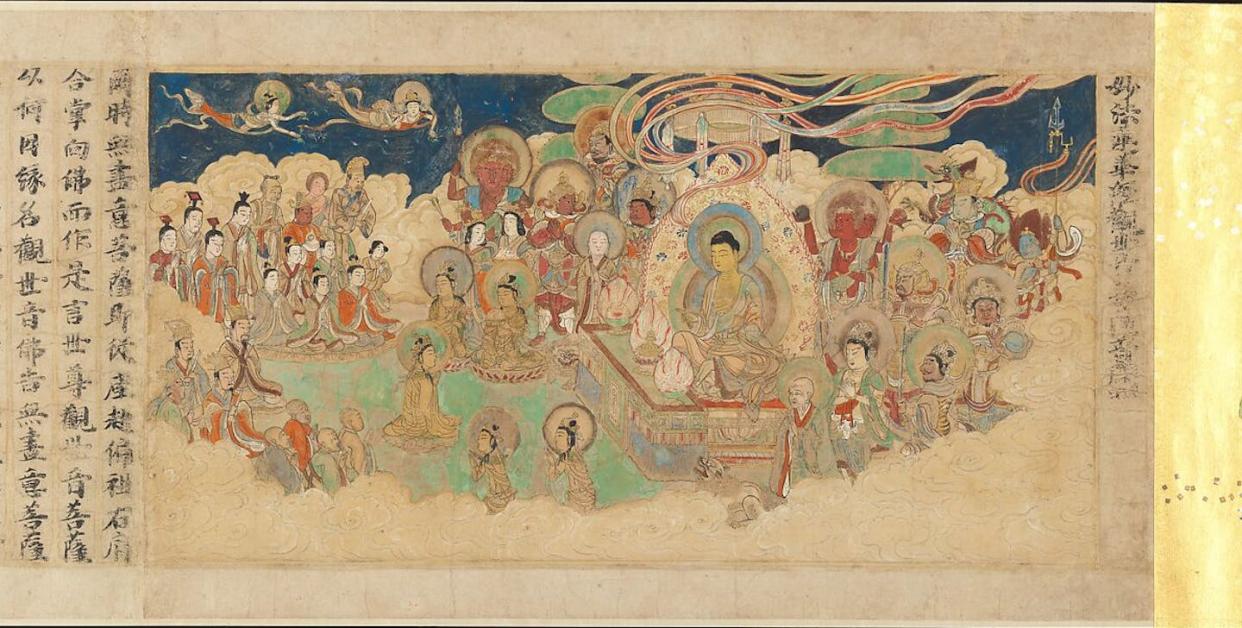 A Lotus Sutra scroll praising the manifold mercies of the bodhisattva Avalokiteshvara. <a href="https://www.metmuseum.org/art/collection/search/44849" rel="nofollow noopener" target="_blank" data-ylk="slk:Universal Gateway chapter of the Lotus Sutra/Calligrapher: Sugawara Mitsushige/The Metropolitan Museum of Art Collection;elm:context_link;itc:0;sec:content-canvas" class="link ">Universal Gateway chapter of the Lotus Sutra/Calligrapher: Sugawara Mitsushige/The Metropolitan Museum of Art Collection</a>