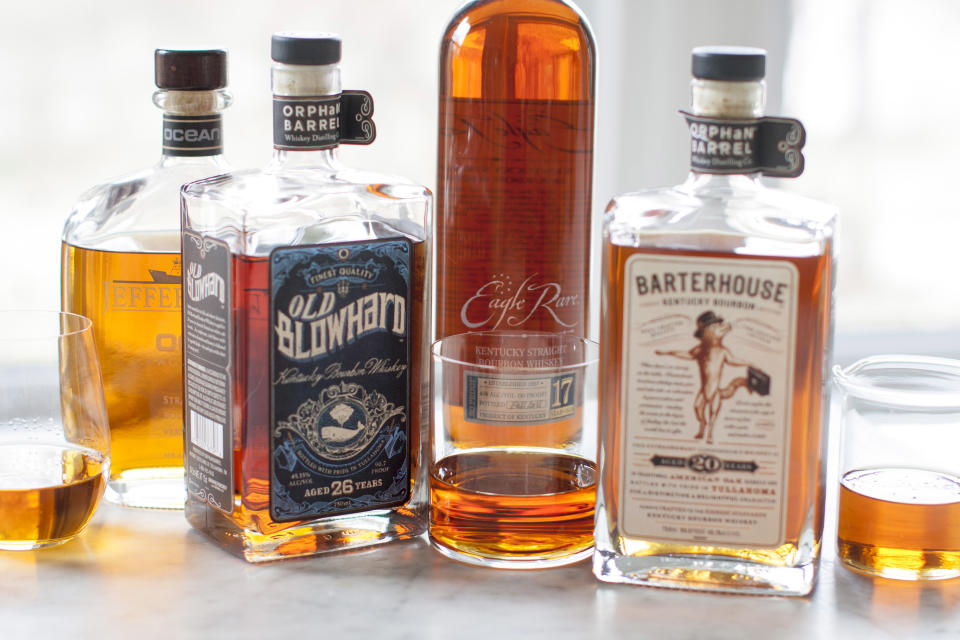 This Apr. 7, 2014 photo shows Jefferson's Ocean, Old Blowhard, Eagle Rare, and Barterhouse bourbons in Concord, N.H. All are part of a bourbon renaissance that has seen a new appreciation of American whiskey, as well as the birth of a whole new class of cult spirits. (AP Photo/Matthew Mead)