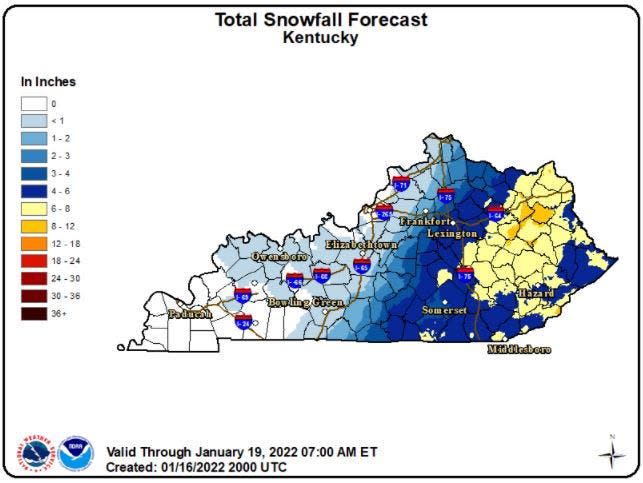 Snowfall totals through Wednesday, Jan. 19 in the state of Kentucky.