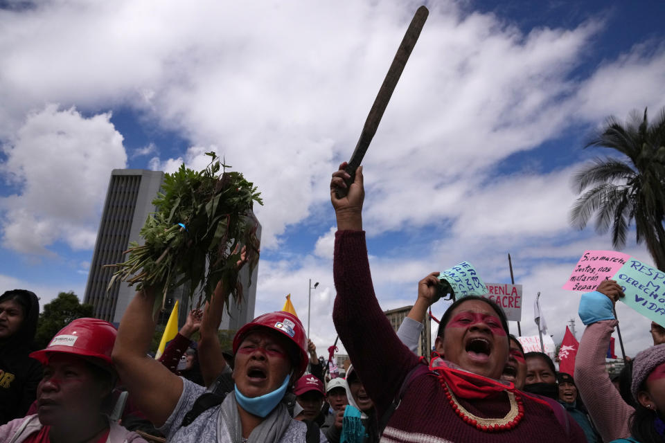 Indigenous women rally to show their support for the recent protests and national strike against the government of President Guillermo Lasso, outside the Central University, in Quito, Ecuador, Saturday, June 25, 2022. Ecuador’s president charged Friday that the Indigenous leader heading the nationwide strike is seeking to stage a coup and warned he will use all legal tools to contain the violence unleashed by the demonstrations. (AP Photo/Dolores Ochoa)