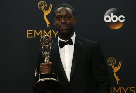 Actor Sterling K. Brown poses backstage with his award for Outstanding Supporting Actor In A Limited Series Or Movie for FX Network's "The People v. O.J. Simpson: American Crime Story" at the 68th Primetime Emmy Awards in Los Angeles, California U.S., September 18, 2016. REUTERS/Mario Anzuoni