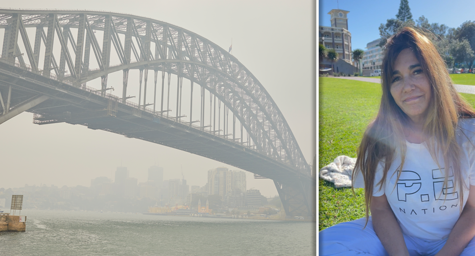 Left - a smokey Sydney Harbour Bridge. Right - Kristin sitting on the grass in Bondi.