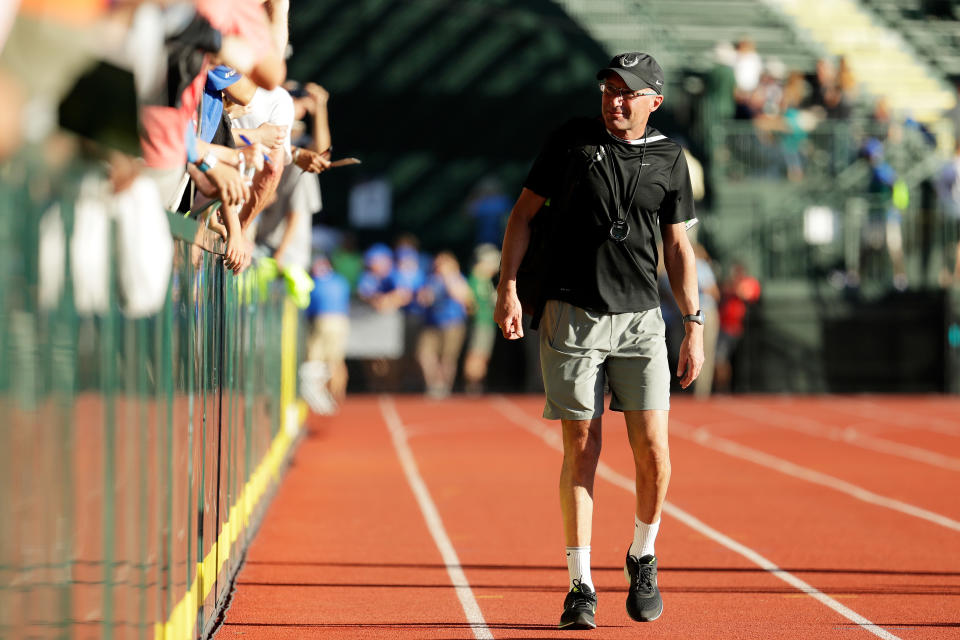 EUGENE, OR - JULY 01:  Coach Alberto Salazar looks on as Galen Rupp celebrates after winning the Men's 10000 Meter Final during the 2016 U.S. Olympic Track & Field Team Trials at Hayward Field on July 1, 2016 in Eugene, Oregon.  (Photo by Andy Lyons/Getty Images)