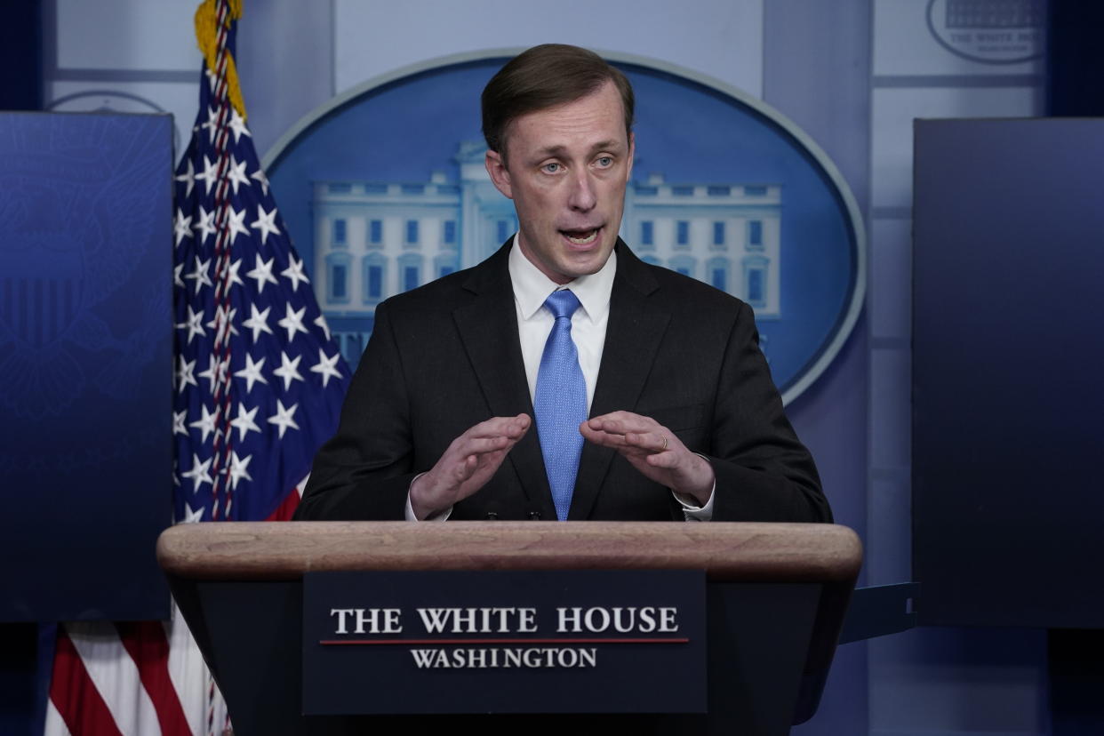 National security adviser Jake Sullivan speaks during a press briefing at the White House, Thursday, Feb. 4, 2021, in Washington. (AP Photo/Evan Vucci)