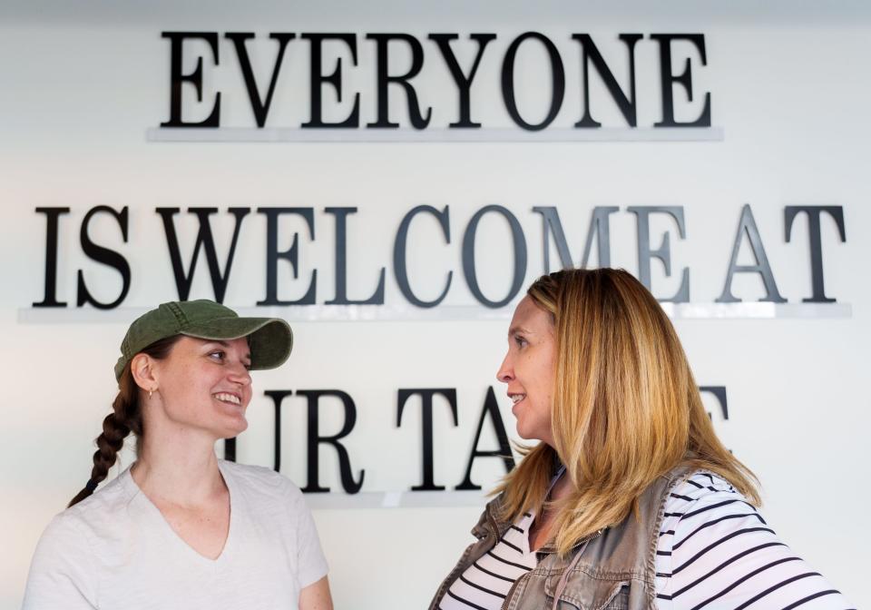 Katie Jacoboski (left) and Jessica Klatte, co owners of Mama Bird Bakery, speak in the front of their store Friday, Jan. 27, 2023, while taking care of finishing touches days ahead of their grand opening.