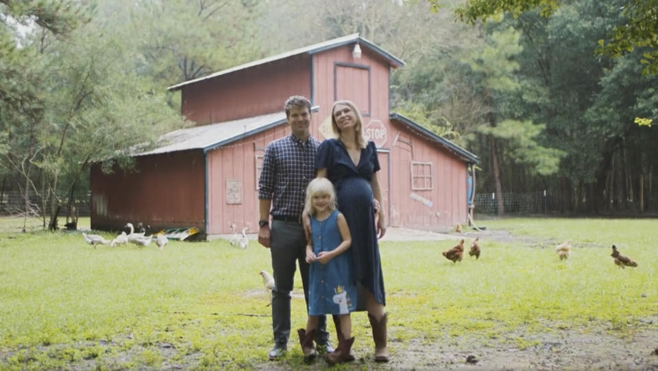 In this image taken from a campaign video posted by Katie Darling, Darling poses with her family on their farm in St. Tammany Parish, La. Darling said she was seven months pregnant when she decided to join Louisiana’s U.S. House race in reaction to the U.S. Supreme Court ruling in June 2022 that ended constitutional protections for abortion. (Courtesy of Katie Darling via AP)