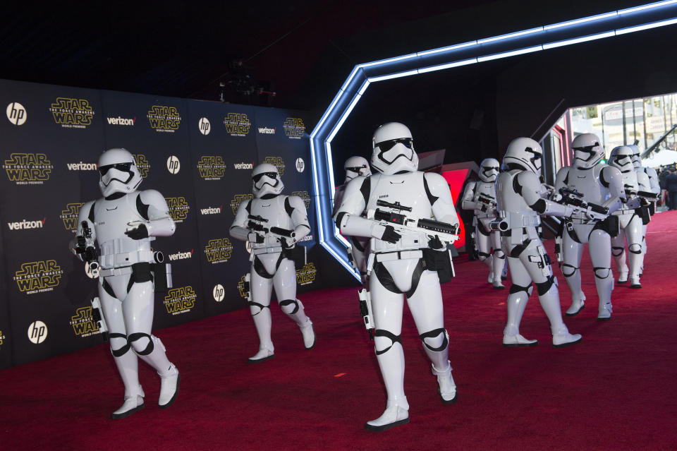 Stormtroopers attend the premiere of "Star Wars: The Force Awakens" in Hollywood on Dec.14, 2015.&nbsp;