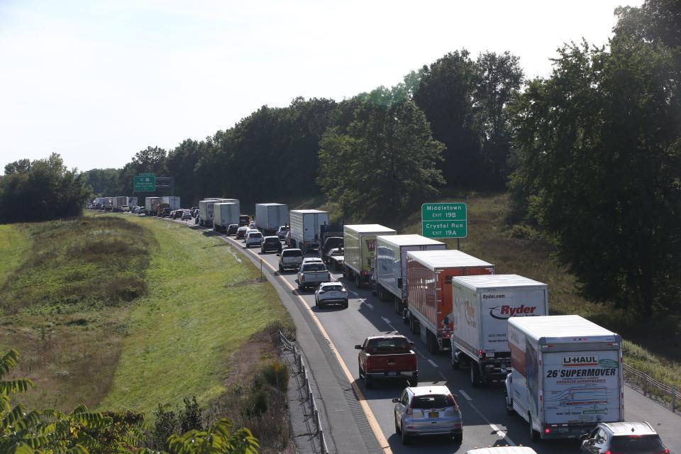 Westbound traffic on Interstate 84 as seen from Goshen Turnpike on September 21, 2023. Due to a fatal coach bus accident, Interstate 84 was closed.