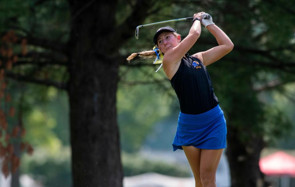 Castle’s Hailey Kirkland  tees off on the 8th hole during the IHSAA girls golf sectional at Fendrich Golf Course in Evansville, Ind., Saturday morning, Sept. 17, 2022. 