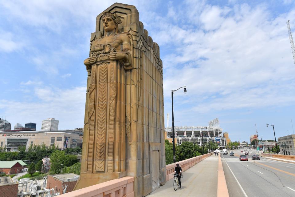 The Guardians of Traffic sculptures on the Hope Memorial Bridge near Progressive Field in Cleveland on July 23, 2021.