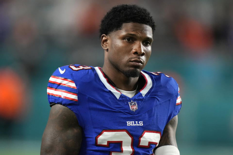 FILE - Buffalo Bills cornerback Siran Neal walks on the field before an NFL football game against the Miami Dolphins, Jan. 7, 2024, in Miami Gardens, Fla. The Buffalo Bills salary cap-related purge of players continues with the team informing veteran safety Jordan Poyer and defensive back Neal that they are being cut a week before the start of the NFL’s free agency signing period. Neal’s agent, Deiric Jackson, confirmed the news of Neal’s pending departure as first reported by NFL.com. (AP Photo/Lynne Sladky, File)