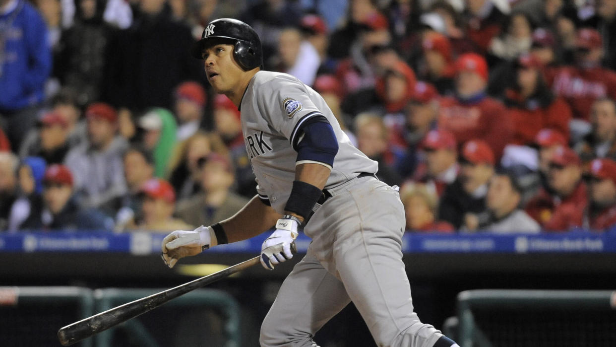 New York Yankees Batter Alex Rodriguez Hits an Rbi Double to Left in the Ninth Inning of Game 4 of the World Series at Citizens Bank Park in Philadelphia Pennsylvania Usa 01 November 2009 the Yankees Defeated the Phillies 7-4 and Lead the Best-of-seven Series 3-1Usa Baseball World Series - Nov 2009.