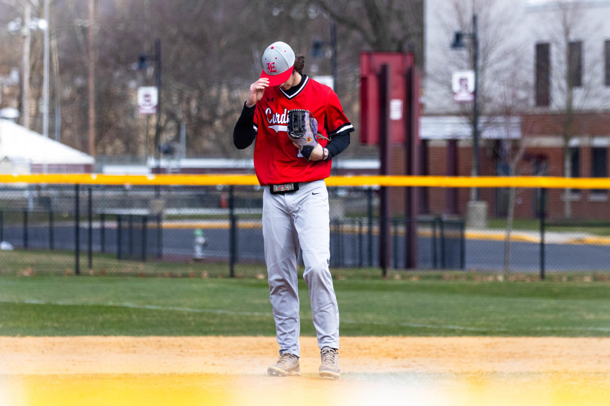 Pocono Mountain East's Adam Horvath (10) ends his day on the mound for his final inning as pitcher against Stroudsburg High School on March 19, 2024