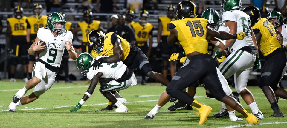 Venice's quarterback Brooks Bentley gets some running room against Maryland's St. Frances Academy   Thursday night, Sept. 15, 2022, at the Powell-Davis Stadium in Venice, Florida, that was televised ESPN2.