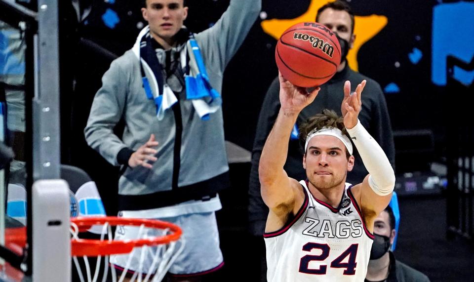 Gonzaga Bulldogs forward Corey Kispert (24) shoots the ball during the second half against the Gonzaga Bulldogs in the national semifinals of the Final Four of the 2021 NCAA Tournament.