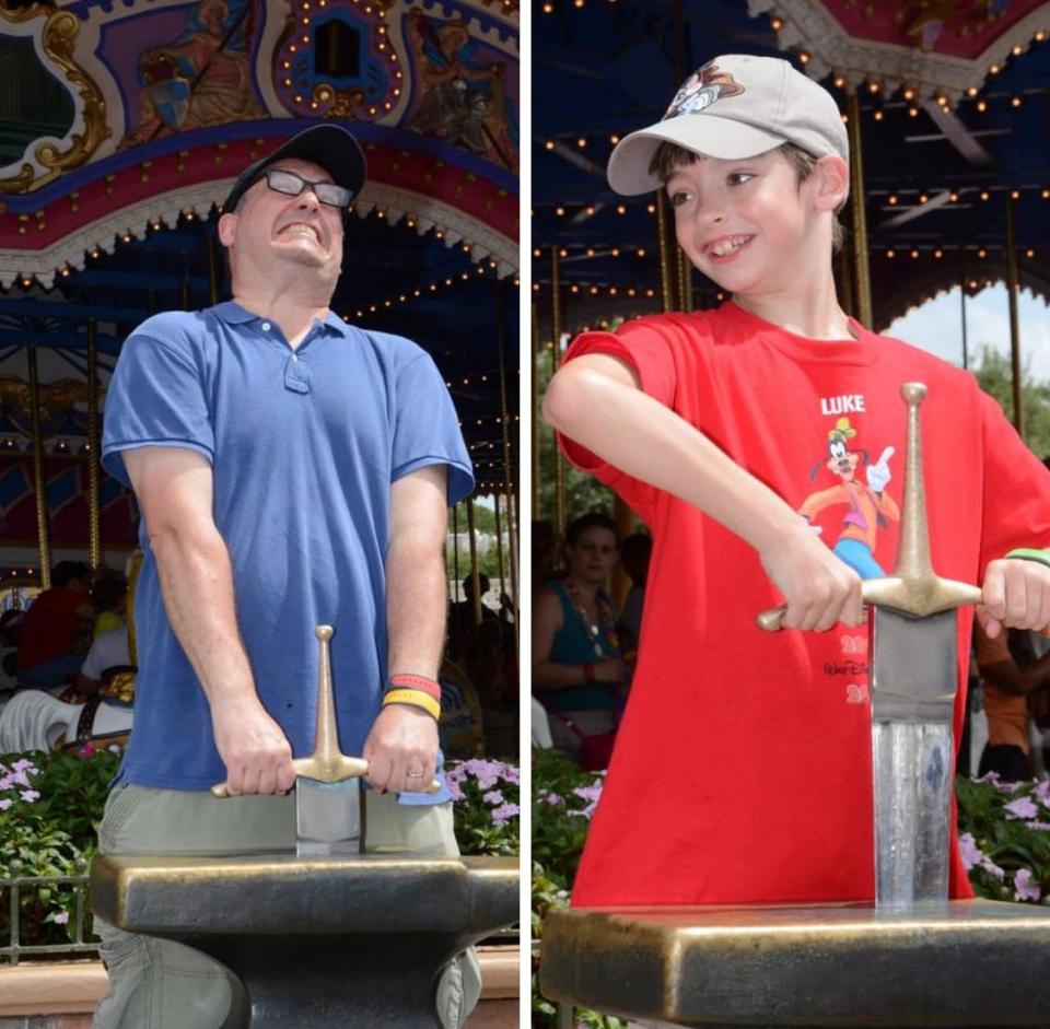 Stephen Abrams hammed it up, trying to remove the Sword in the Stone at Magic Kingdom, which his eldest son did with ease when he was younger.