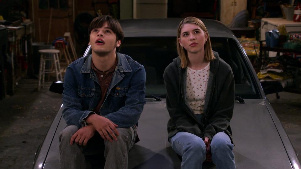Mace Coronel and Callie Haverda in a scene from "That '90s Show." Haverda says the show's young cast became fast friends.