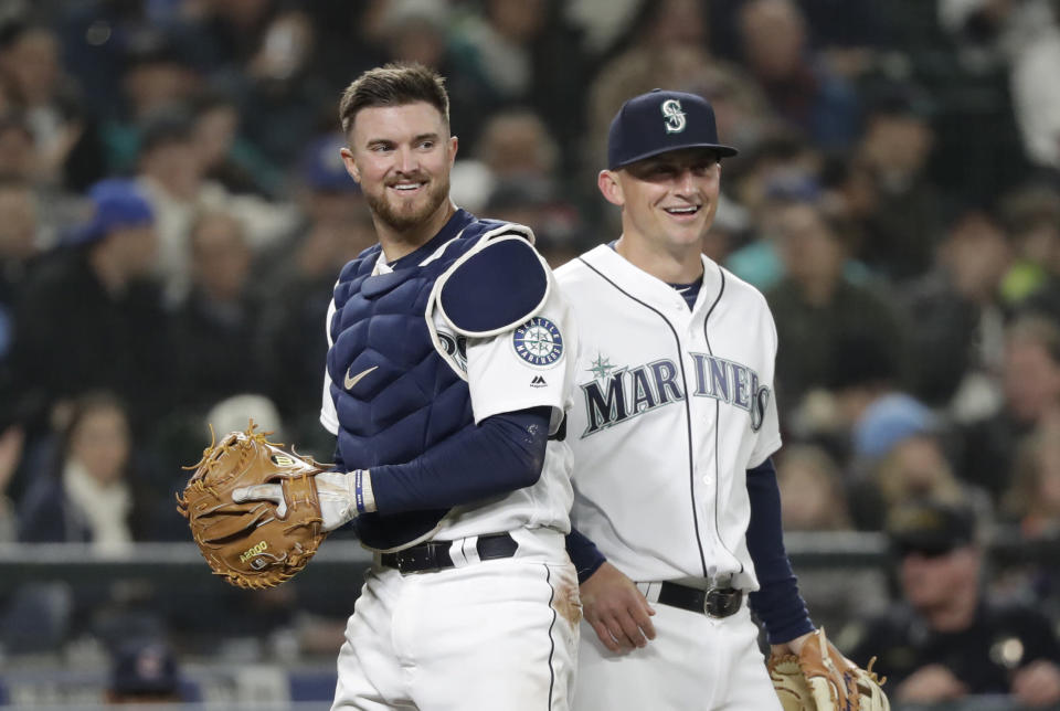 Mike Marjama, left, was suspended 80 games by MLB on Thursday, but it was a rather unique suspension. (AP Photo/Elaine Thompson)