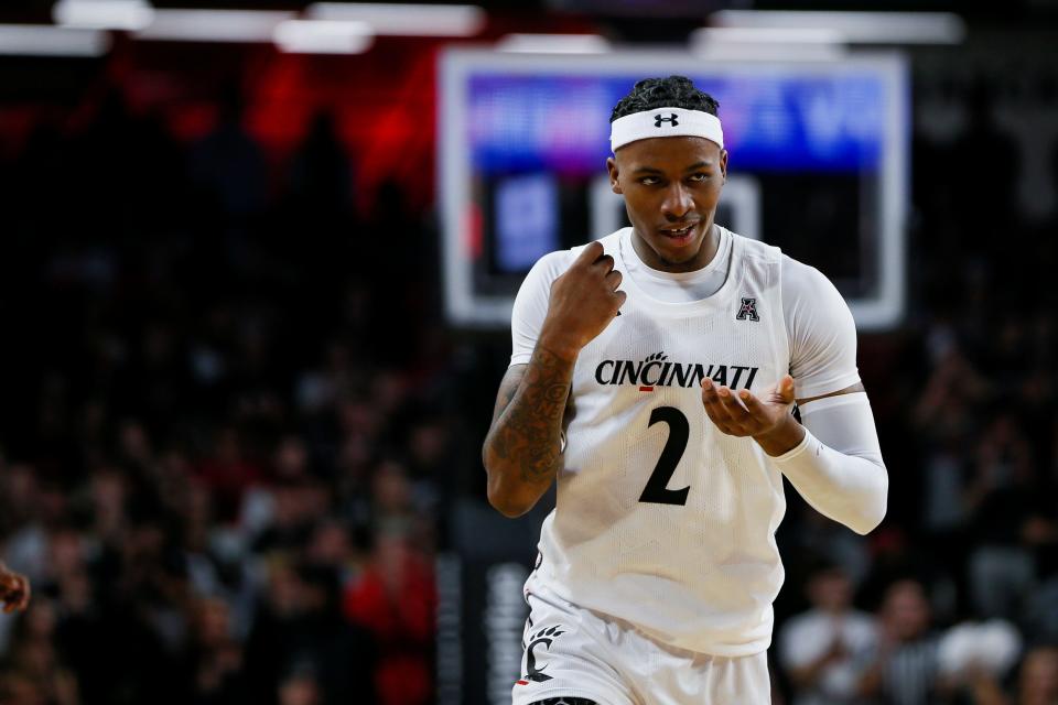 Cincinnati Bearcats guard Landers Nolley II (2) reacts after scoring during the first half of the basketball game between the Cincinnati Bearcats and the Chaminade Silverswords on Monday, Nov. 7, 2022, at Fifth Third Arena in Cincinnati. The Cincinnati Bearcats defeated the Chaminade Silverswords 98-55.