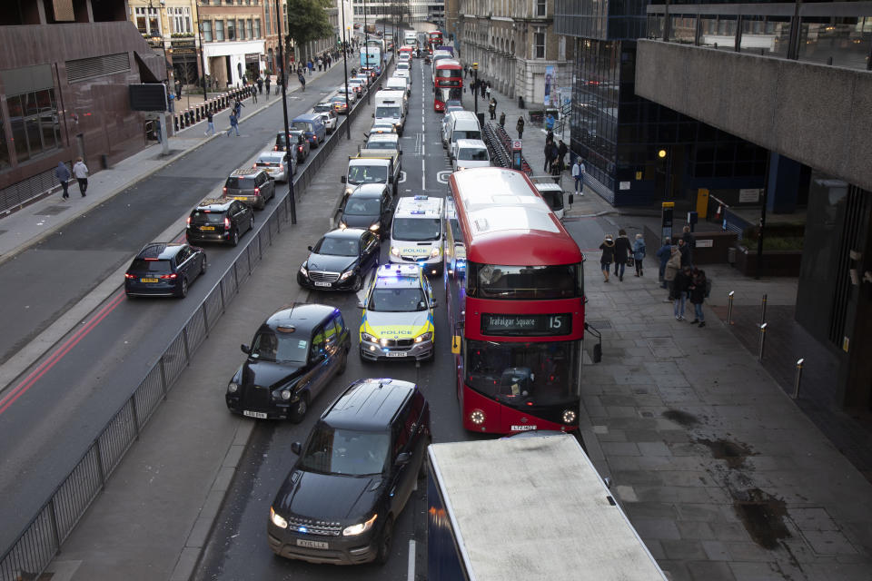 The City of London is locked down on Upper thames Street by Metropolitan and City Police following what is believed to have been a terror-related incident on London Bridge at around 2pm on 29th November 2019 in London, United Kingdom. Police officers cordoned off the bridge, underpass and all surrounding roads following the incident during which members of the public intervened before shots were fired by armed police. The incident is said to have started as a stabbing during which a number of people were stabbed in a building near London Bridge. (photo by Mike Kemp/In Pictures via Getty Images)