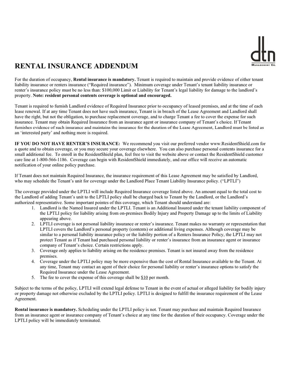 A copy of DTN Management Company's rental insurance addendum