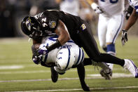 BALTIMORE - SEPTEMBER 11: Ray Lewis #52 of the Baltimore Ravens tackles Edgerrin James #32 of the Indianapolis Colts at M&T Bank Stadium on September 11, 2005 in Baltimore, Maryland. The Colts defeated the Ravens 24-7. (Photo by Joe Robbins/Getty Images)