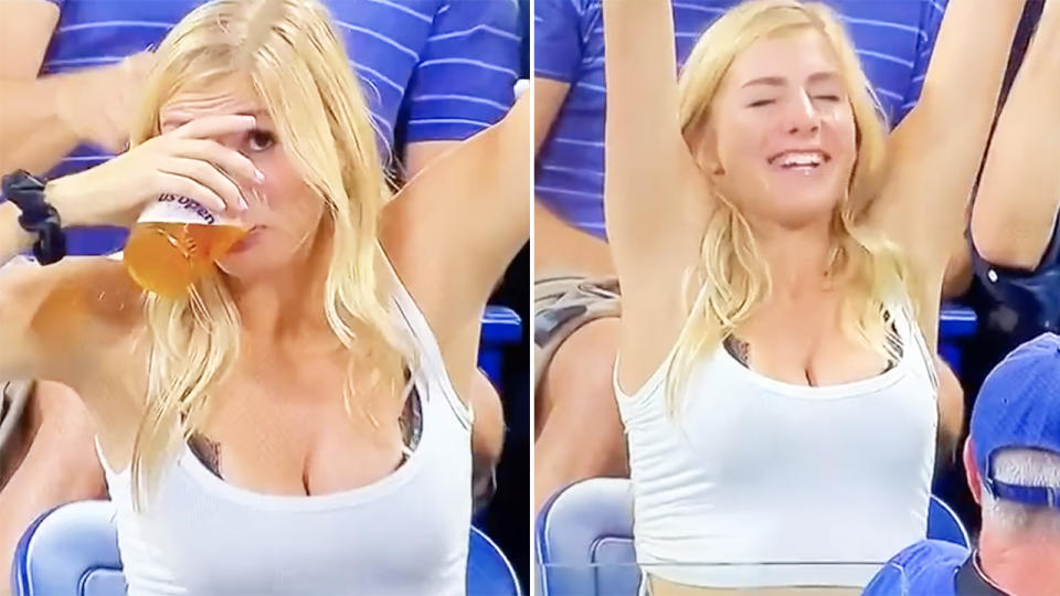 The US Open fan, pictured here downing a beer in the stands.