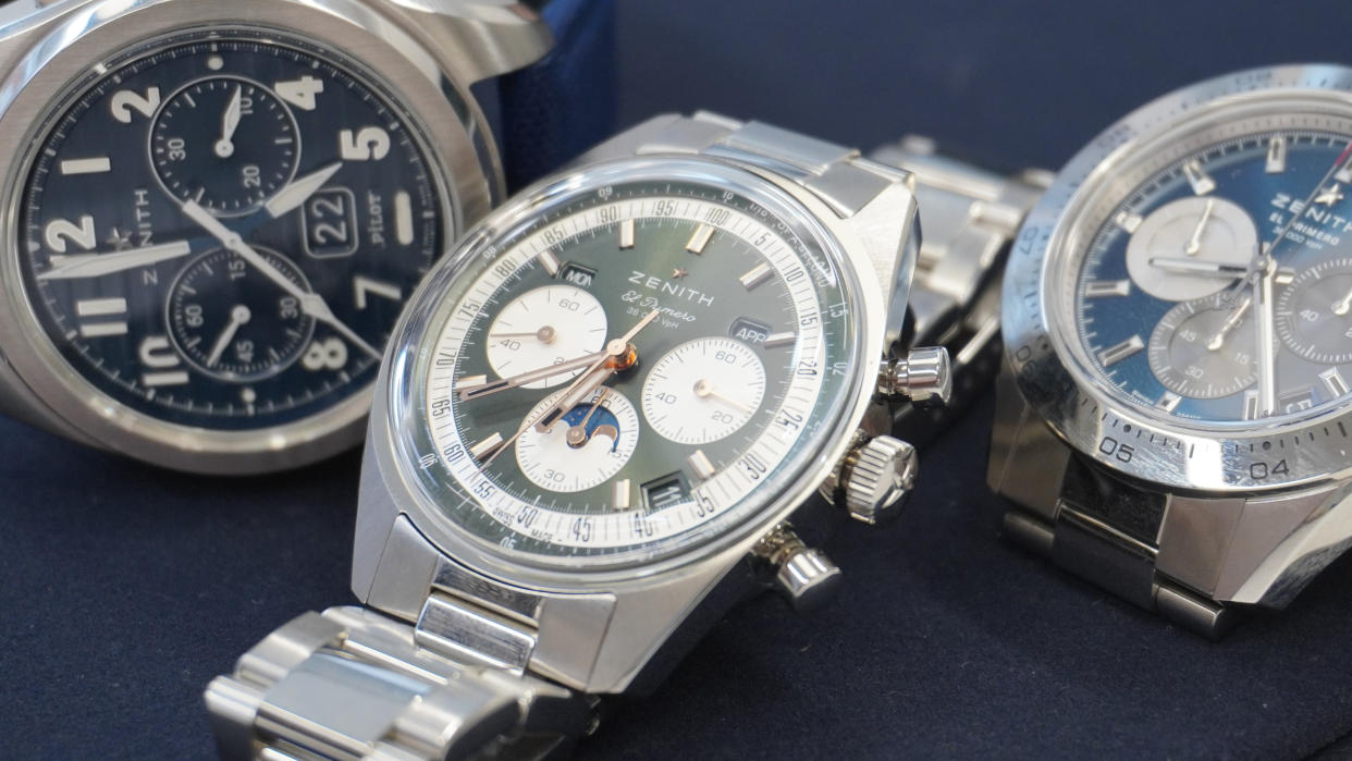  The Zenith Chronomaster Original Triple Calendar flanked by a Zenith Pilot chronograph and a Zenith Chronomaster Sport. 