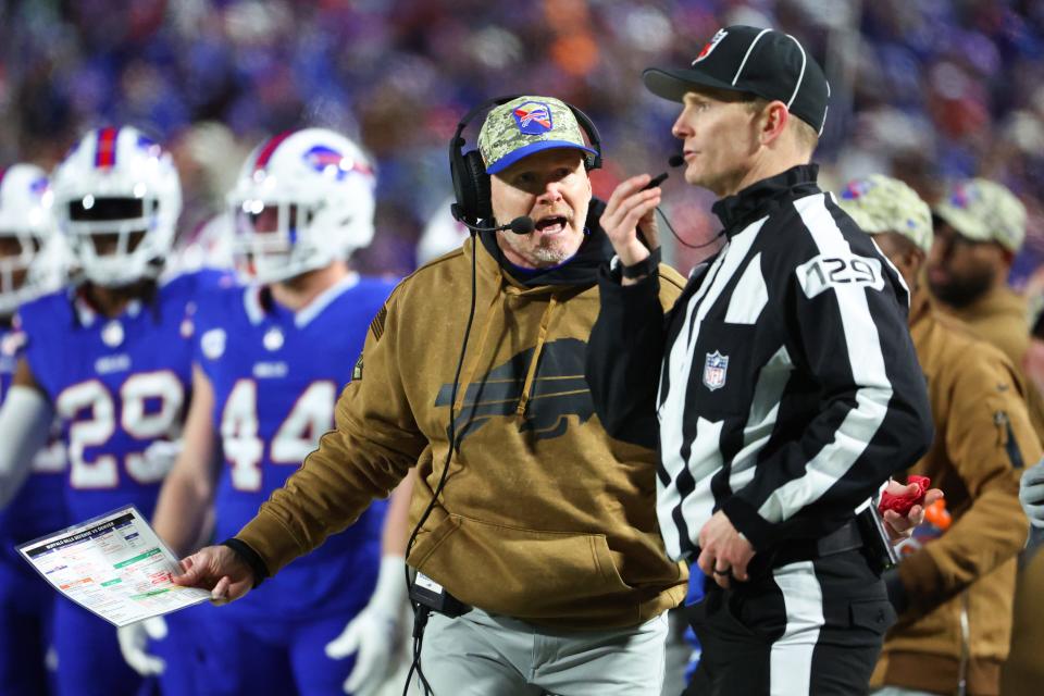 Head coach Sean McDermott of the Buffalo Bills reacts during the fourth quarter of the game against the Denver Broncos at Highmark Stadium on November 13, 2023 in Orchard Park, New York.