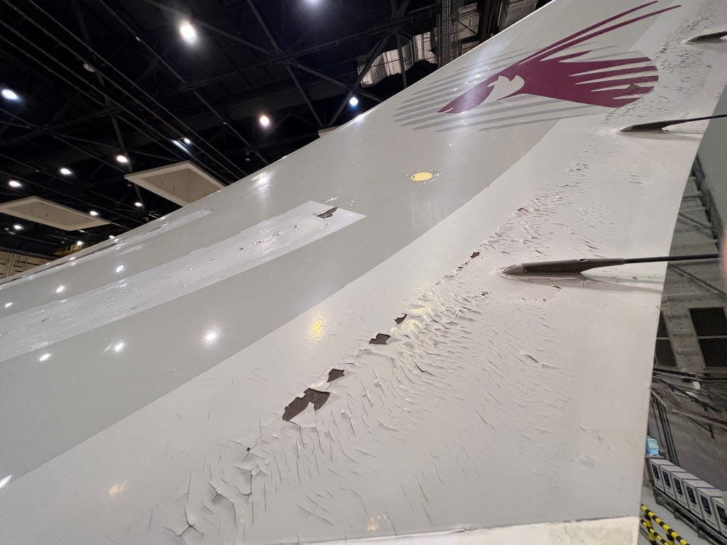 Surface damage seen on Qatar Airways' airbus A350 parked at Qatar airways aircraft maintenance hangar in Doha.