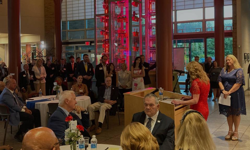 Roughly 200 guests attended a launch event for America250PA at the Tom Ridge Environmental Center on Thursday. State Treasurer Stacy Garrity is shown speaking at the podium. Former governors Tom Corbett and Tom Ridge are seated in the foreground.