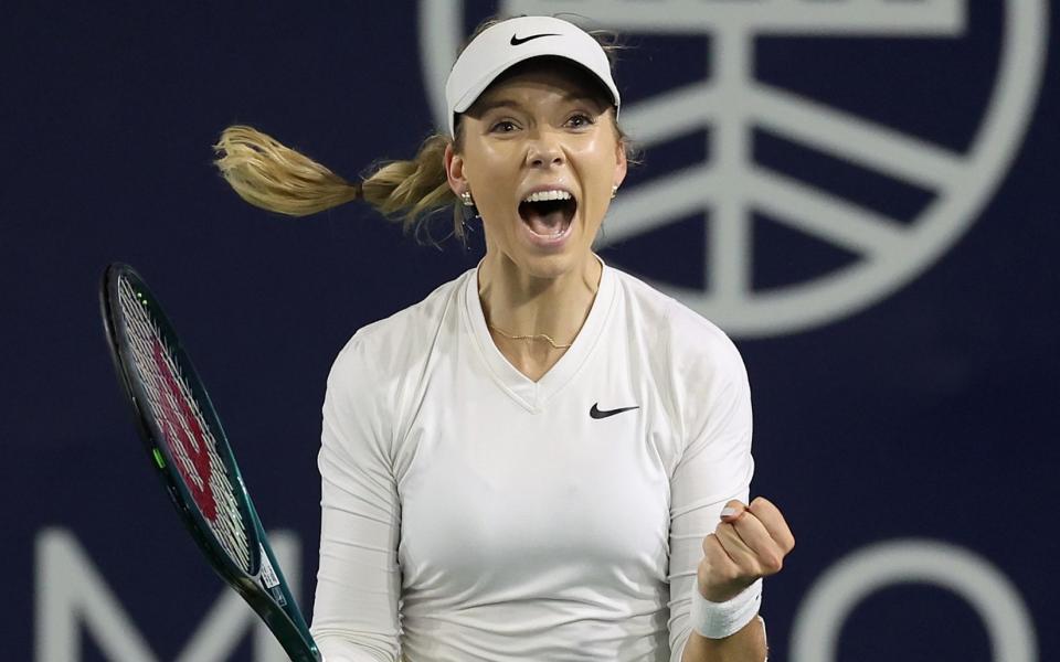 Katie Boulter of Great Britain reacts to beating Marta Kostyuk of Ukraine during the San Diego Open 2024 Singles Final