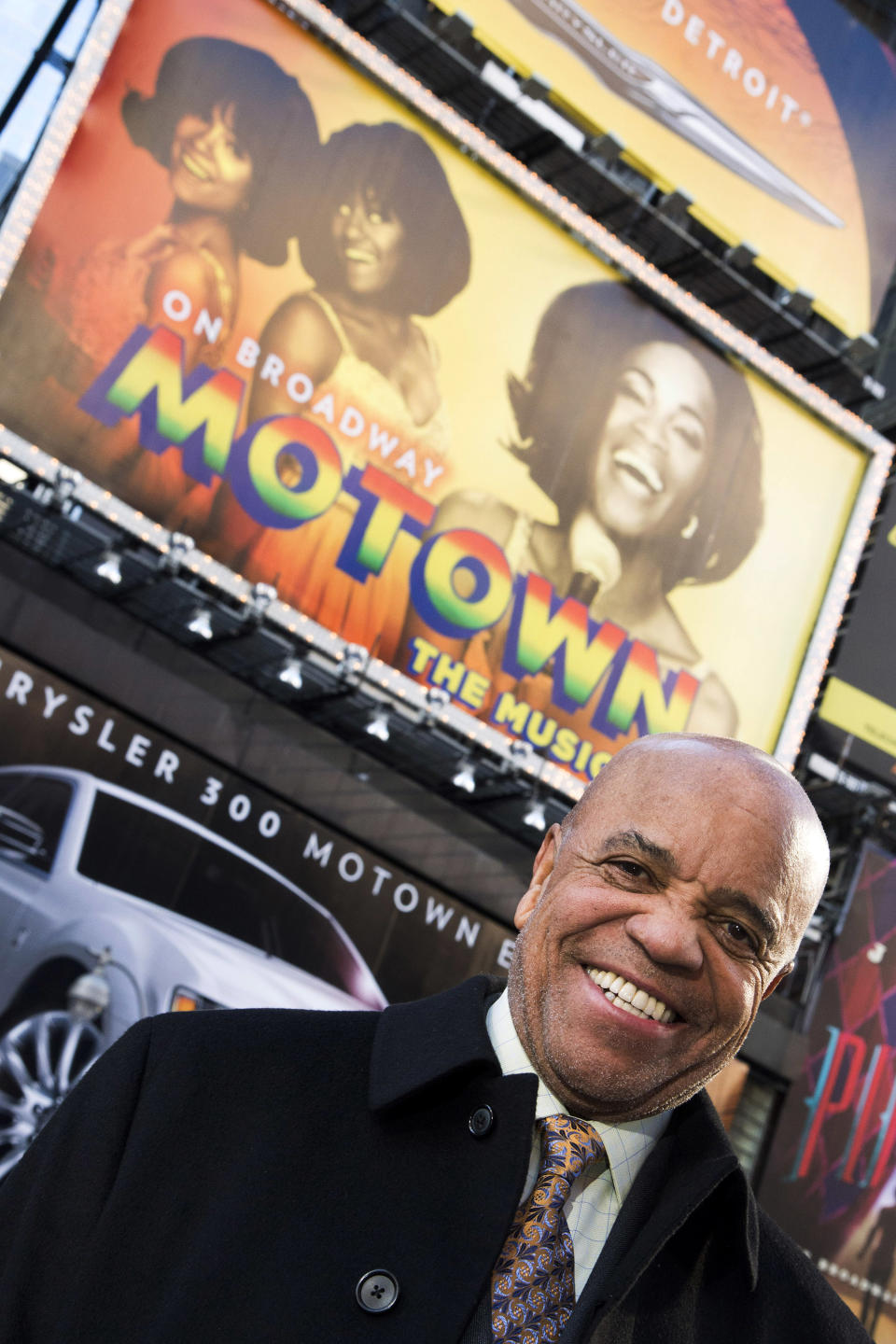 This March 5, 2013 photo shows Berry Gordy posing for a portrait in Times Square in New York. For Berry Gordy, conquering Broadway is the next - and by his own admission, last - major milestone of a magical, musical career. The 83-year-old Motown Records founder is taking his story and that of his legendary label to the Great White Way. "Motown: The Musical," opens for previews Monday. (Photo by Charles Sykes/Invision/AP)