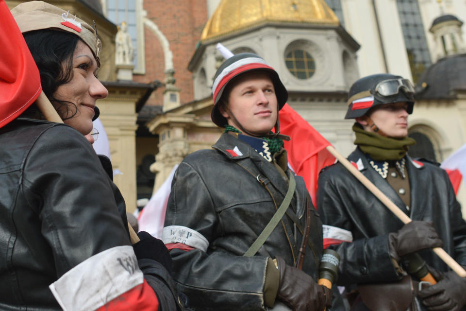 <p>Krakow celebrates Polish Independence Day and the 99th anniversary of the restoration of Poland’s sovereignty as the Second Polish Republic in 1918, on Saturday, Nov. 11, 2017, Wawl Castle, Krakow, Poland. (Photo: Artur Widak/NurPhoto via Getty Images) </p>