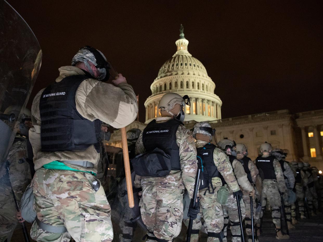 <p>DC National Guard arrive at the East Front of the US Capitol after pro-Trump protesters stormed the grounds leading to chaos, in Washington, DC, USA, 6 January 2021</p> (EPA)