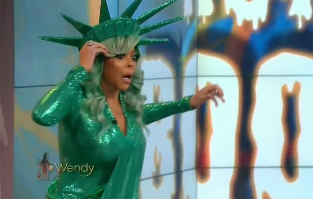 Wendy then falls backwards before she is helped by production crew. Source: The Wendy Williams Show