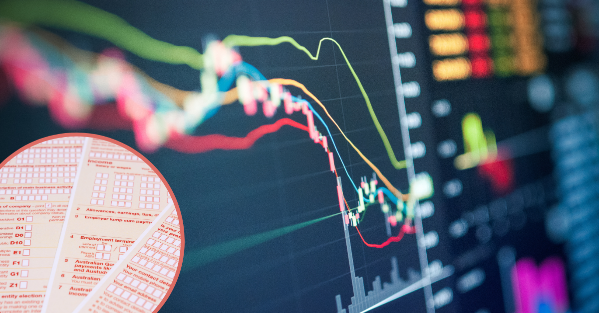 Close up of graph showing investment performance and taxation forms.