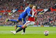 Britain Football Soccer - Manchester United v Leicester City - Barclays Premier League - Old Trafford - 1/5/16 Leicester City's Riyad Mahrez in action with Manchester United's Marcos Rojo Reuters / Darren Staples Livepic