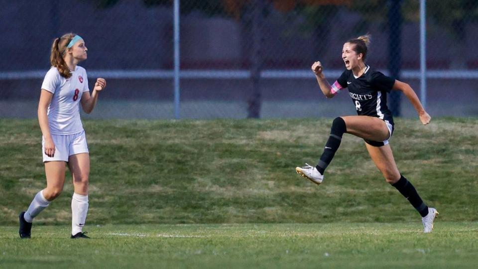 Bishop Kelly’s Sophie Schmautz, right, was voted the 4A Girls Soccer State Player of the year for the second straight year.