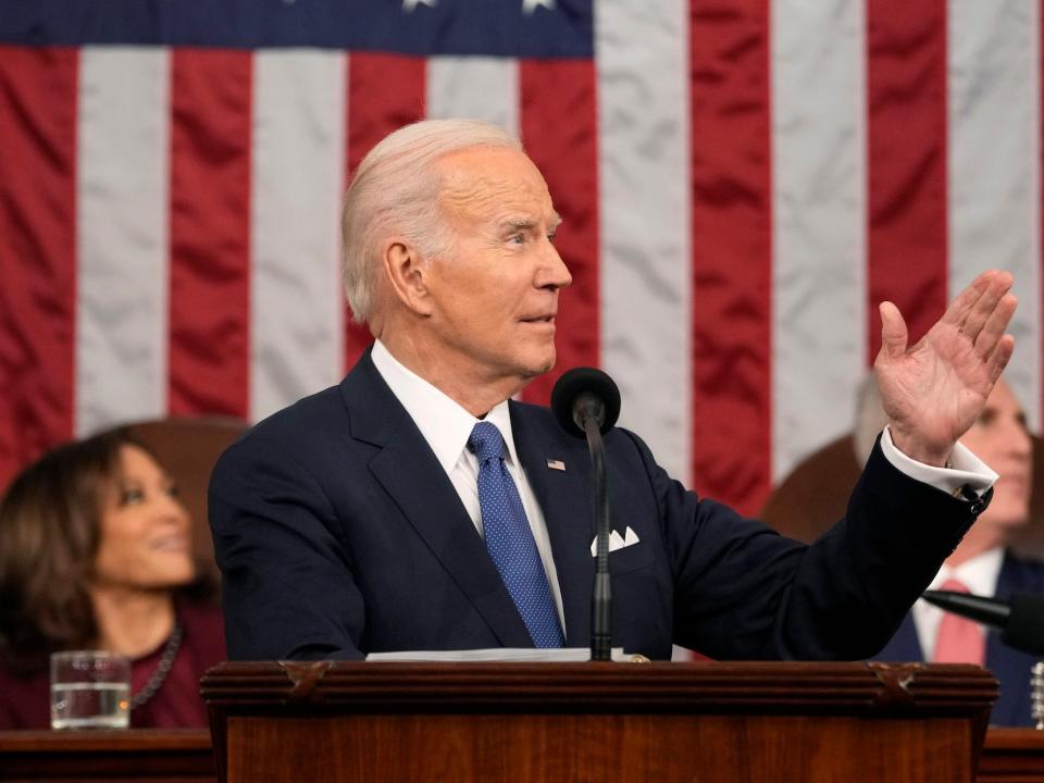 President Joe Biden gestures toward first lady Jill Biden as he delivers the State of the Union address to a joint session of Congress on February 7, 2023 in the House Chamber of the U.S. Capitol in Washington, DC. The speech marks Biden's first address to the new Republican-controlled House.