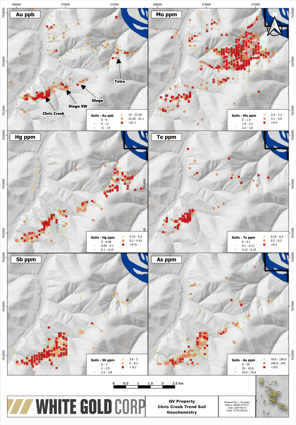 Figure 3 - Chris Creek Trend Soil Anomaly (Au, Mo, Hg, Te, Sb, As)