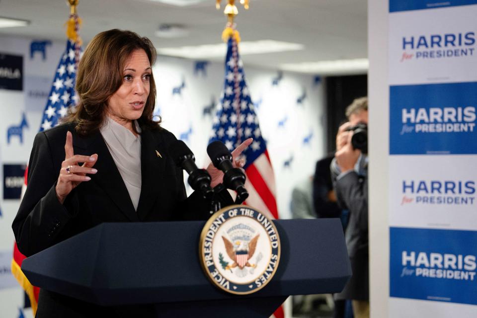 US Vice President and Democratic presidential candidate Kamala Harris speaks at her campaign headquarters in Wilmington, Delaware, on July 22, 2024.