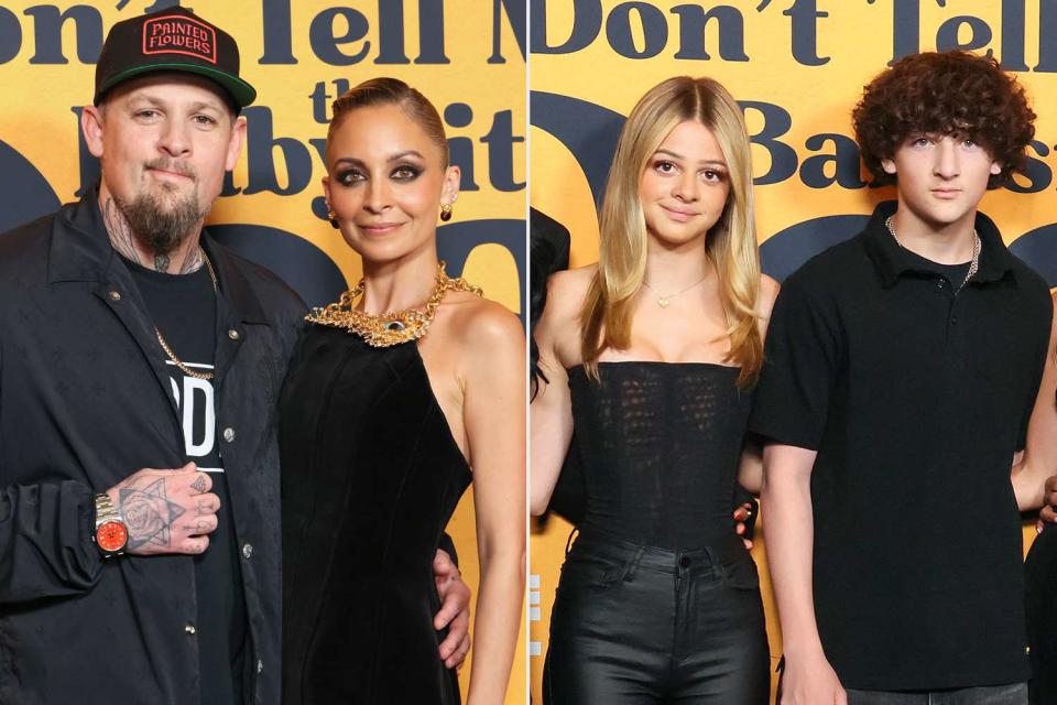 <p>Rodin Eckenroth/Getty Images (2)</p> Nicole Richie and Joel Madden (left) and their two kids Harlow and Sparrow (right)